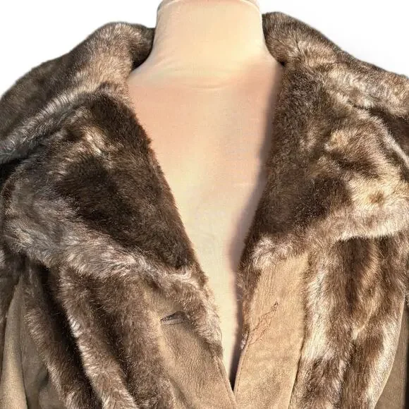 Vintage 70s Tocci England Faux Fur Suede Leather Belted Coat Burgundy Lined - Picture 3 of 16